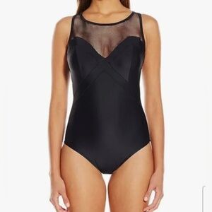 Badgley Mischka Swimsuit One Piece Black Sweetheart Mesh Top Size 14
